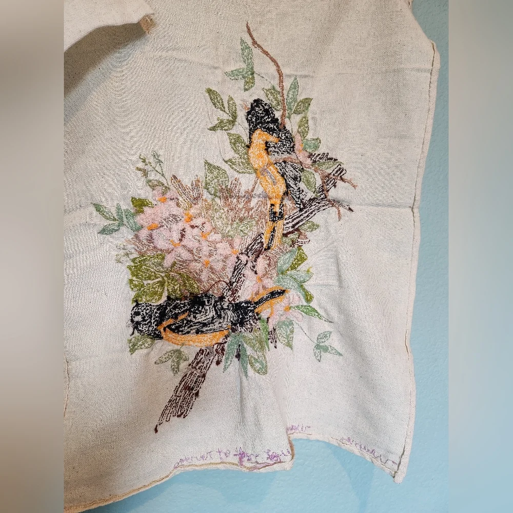 Vintage Finished Hand Made Crewel Embroidery Flower Birds Canvas Unframed 80s